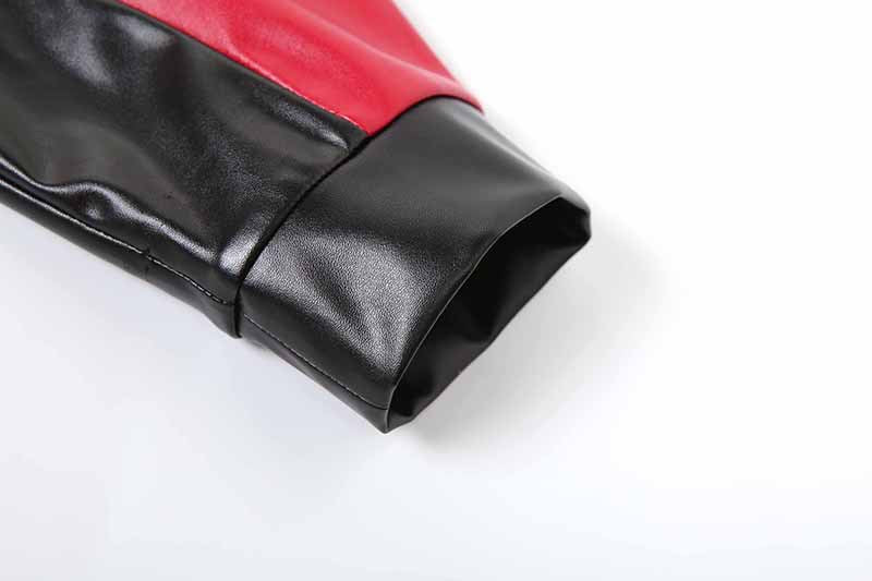 Motorcycle Slim Round Neck PU Leather Jacket with Color Matching Design