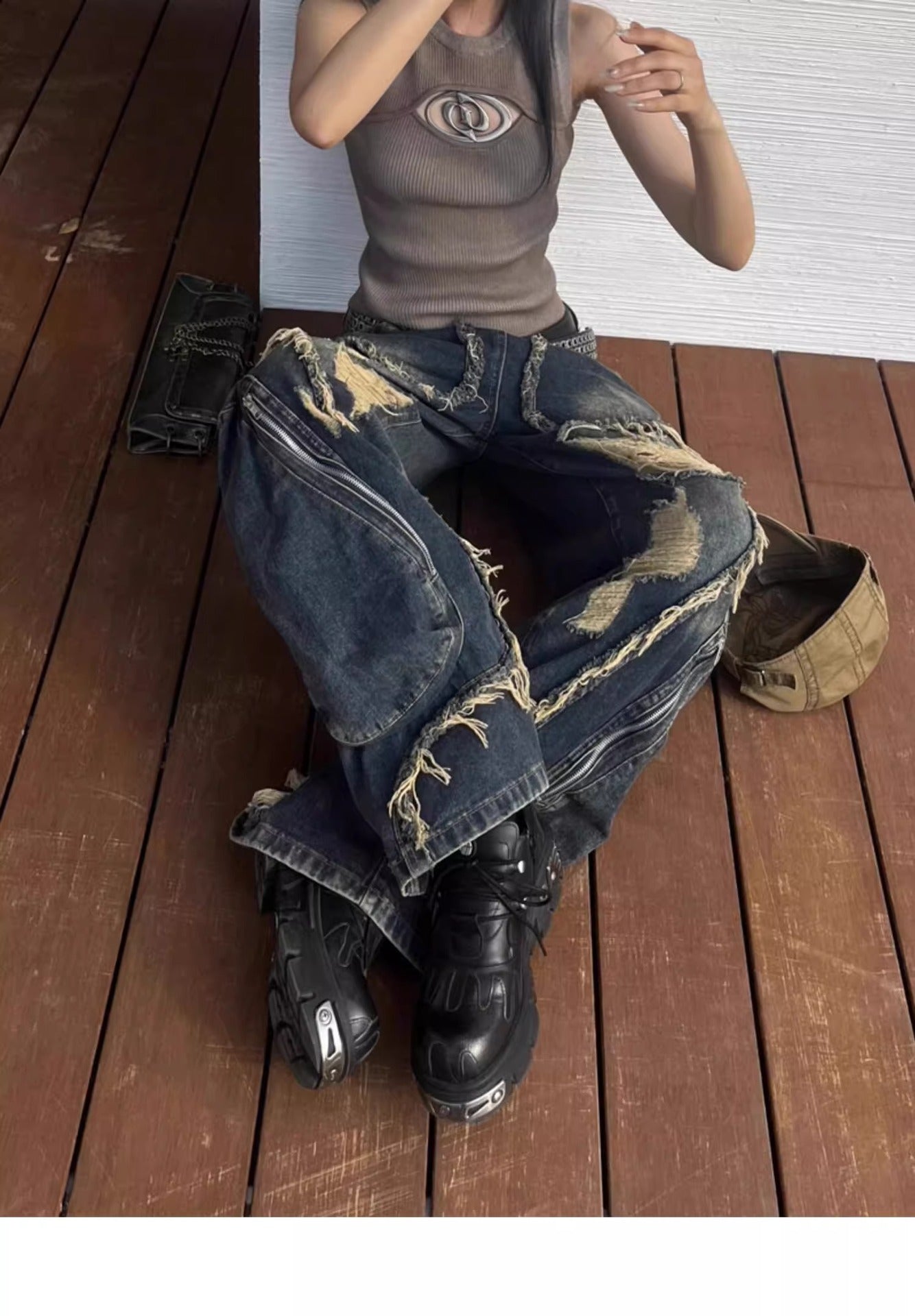 Ripped Jeans with Distressed Style and Big Pockets