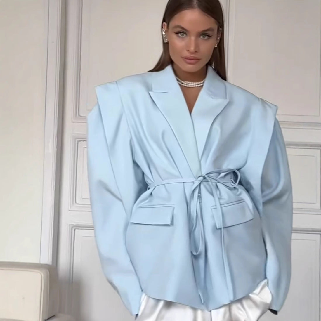 Padded Shoulder Blazer with Lace-up Waist Control for a Flattering Fit