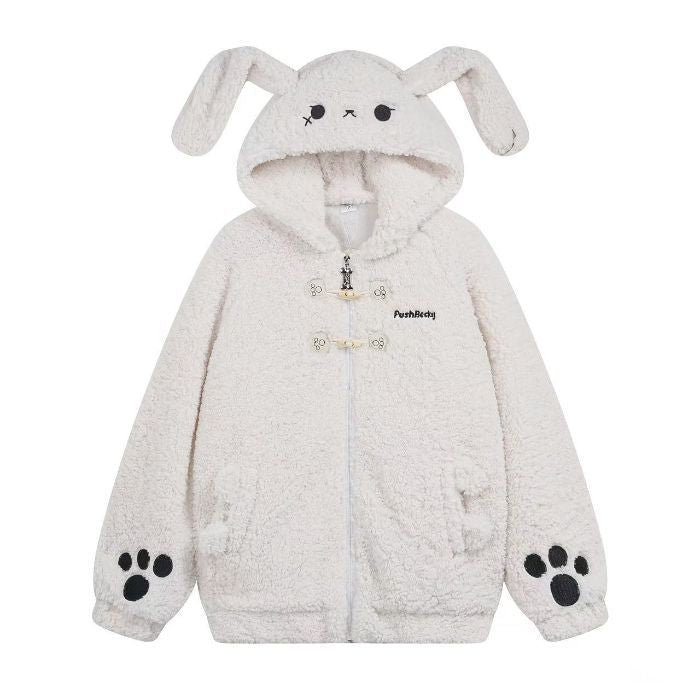 Cute Rabbit Hand Claw Big Ears Lamb Wool Coat with Zipper Detail