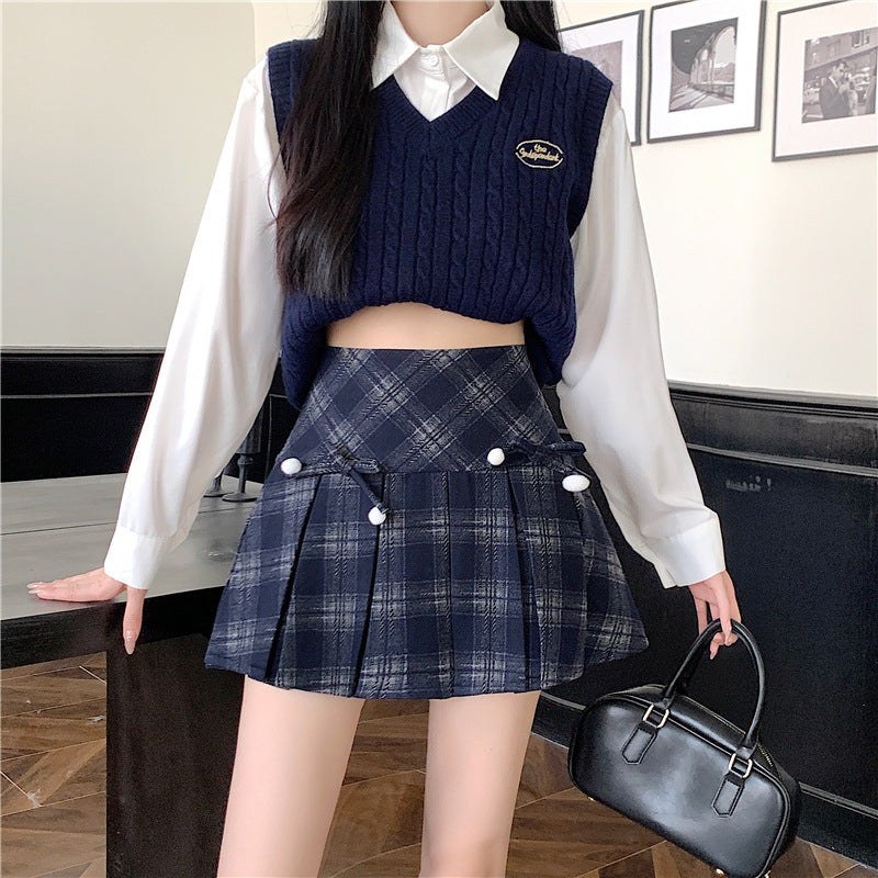 Plaid Pleated High Waist Umbrella Culottes Skirt for Autumn Style