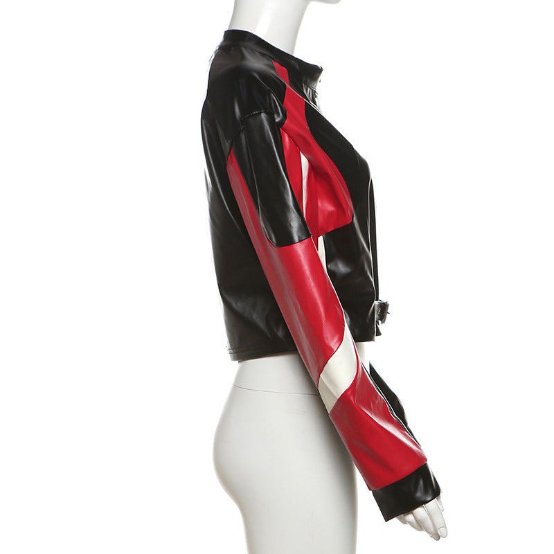 Motorcycle Slim Round Neck PU Leather Jacket with Color Matching Design