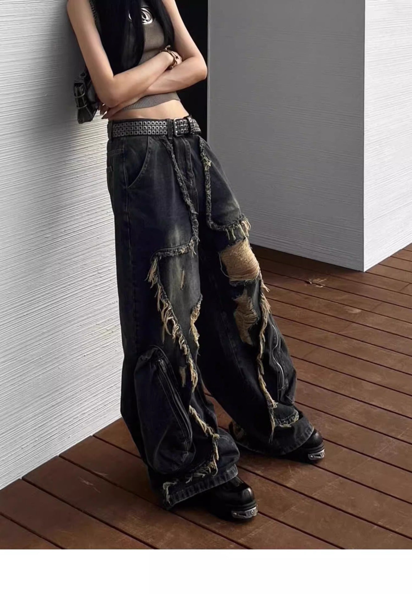 Ripped Jeans with Distressed Style and Big Pockets