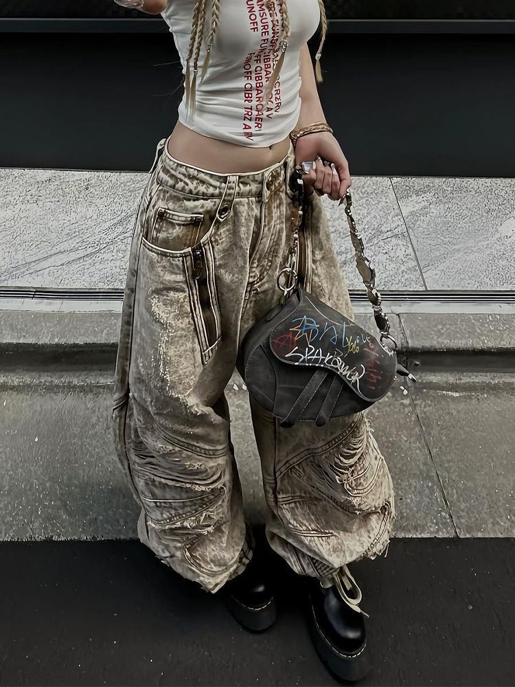 Loose Versatile American Floor Bending Knife Pants with High Waist