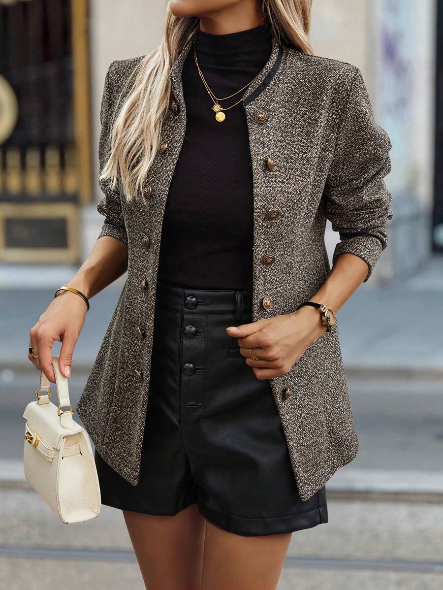 Double-breasted Mid-length Coat with Elegant Houndstooth Pattern