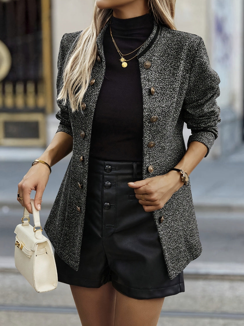 Double-breasted Mid-length Coat with Elegant Houndstooth Pattern