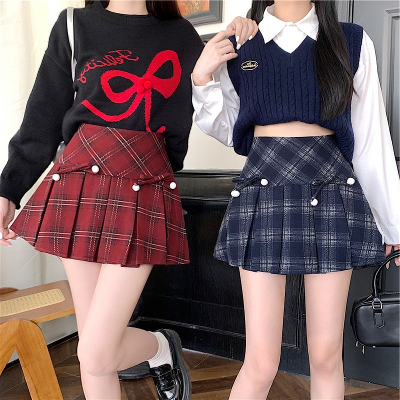 Plaid Pleated High Waist Umbrella Culottes Skirt for Autumn Style