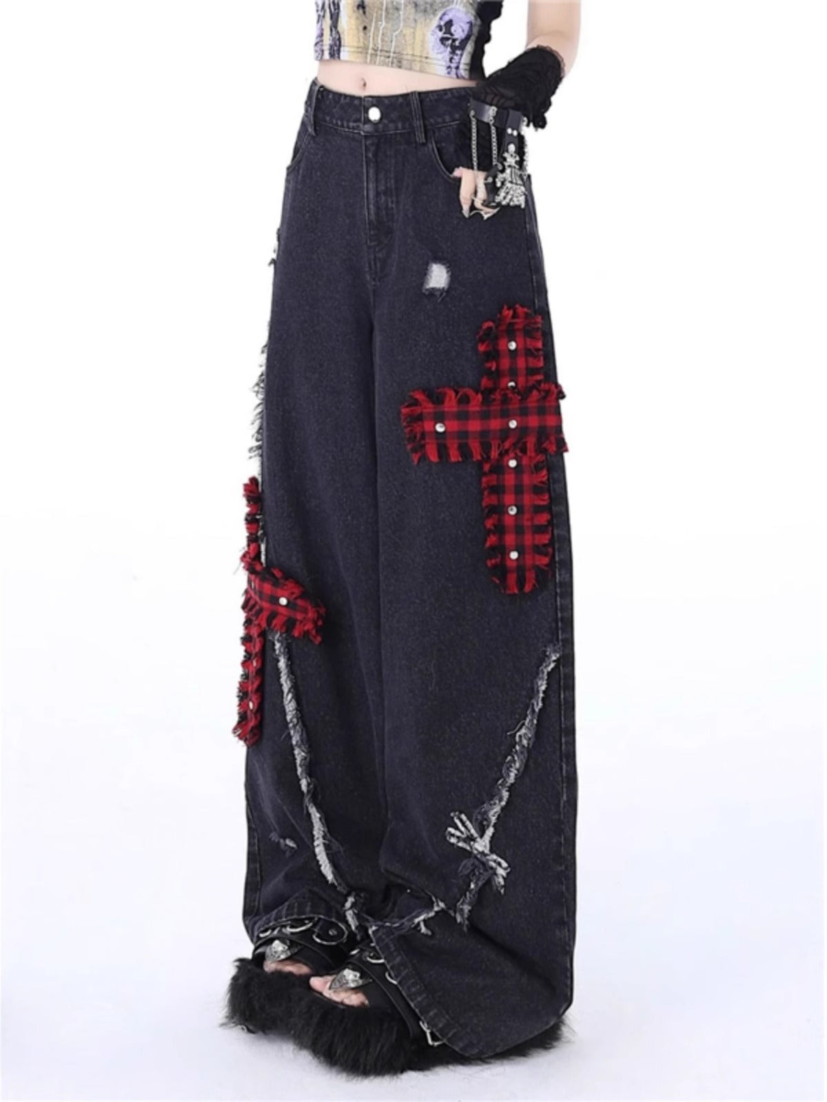 Plaid Jeans with Distressed Details and High Waist Design