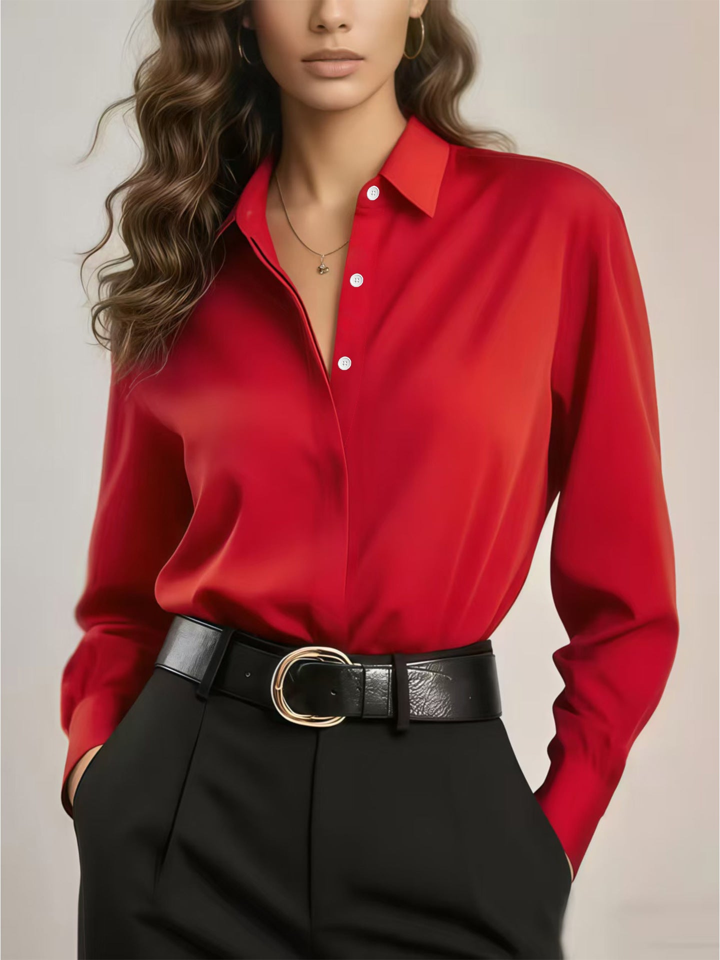 Solid Color Loose Button Lapel Shirt with Long Sleeves