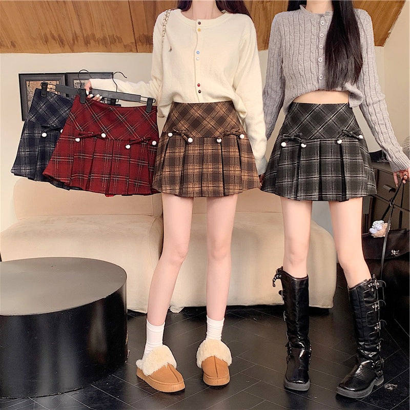 Plaid Pleated High Waist Umbrella Culottes Skirt for Autumn Style