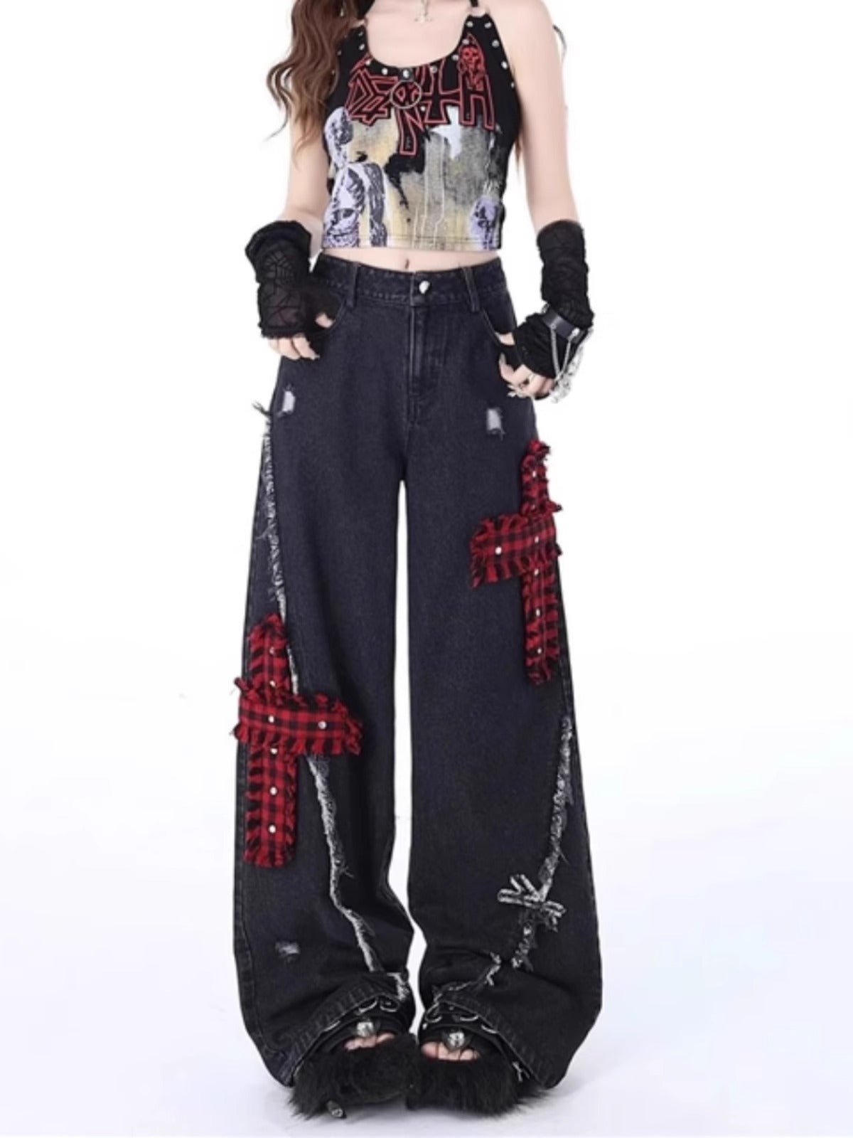 Plaid Jeans with Distressed Details and High Waist Design