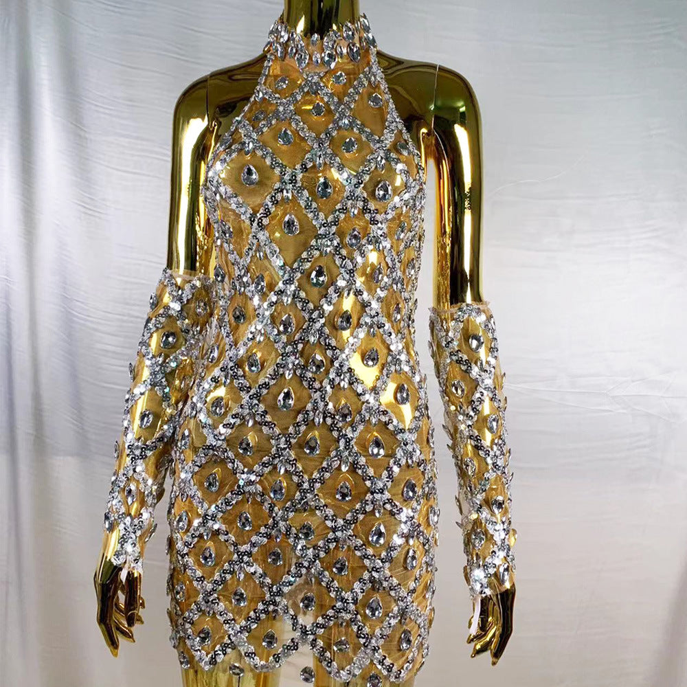 Rhinestone Plaid Sequined Gloves for a Stunning Evening Dress