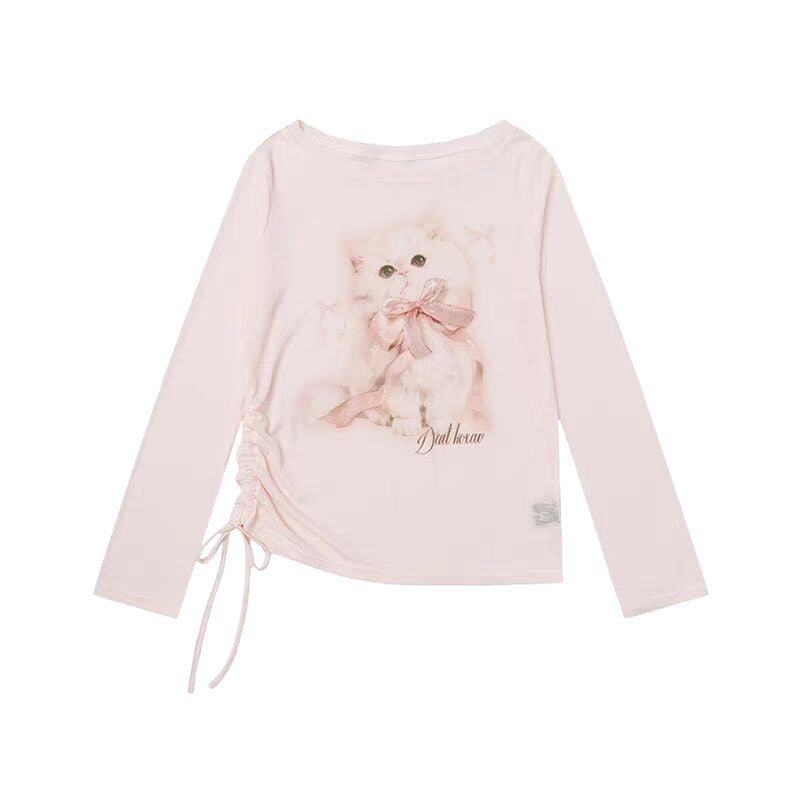 Cute Cat Print Long Sleeve Pullover Top for Fun Fashion Lovers