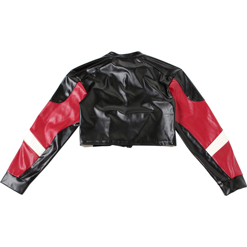 Motorcycle Slim Round Neck PU Leather Jacket with Color Matching Design