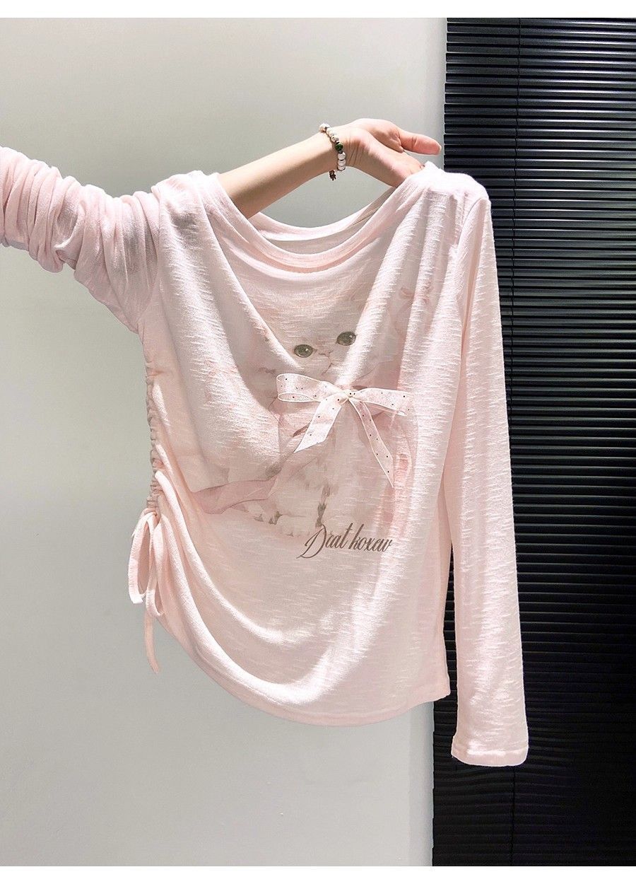 Cute Cat Print Long Sleeve Pullover Top for Fun Fashion Lovers