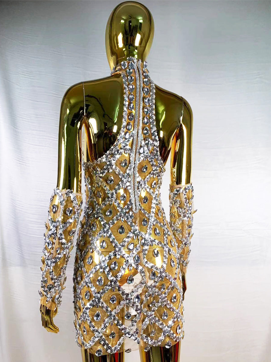 Rhinestone Plaid Sequined Gloves for a Stunning Evening Dress