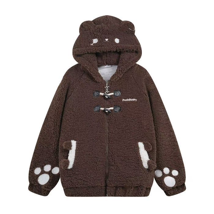 Cute Rabbit Hand Claw Big Ears Lamb Wool Coat with Zipper Detail