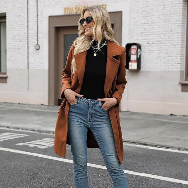 Mid-length Double Breasted Turn-down Collar Coat with Slim Fit Design