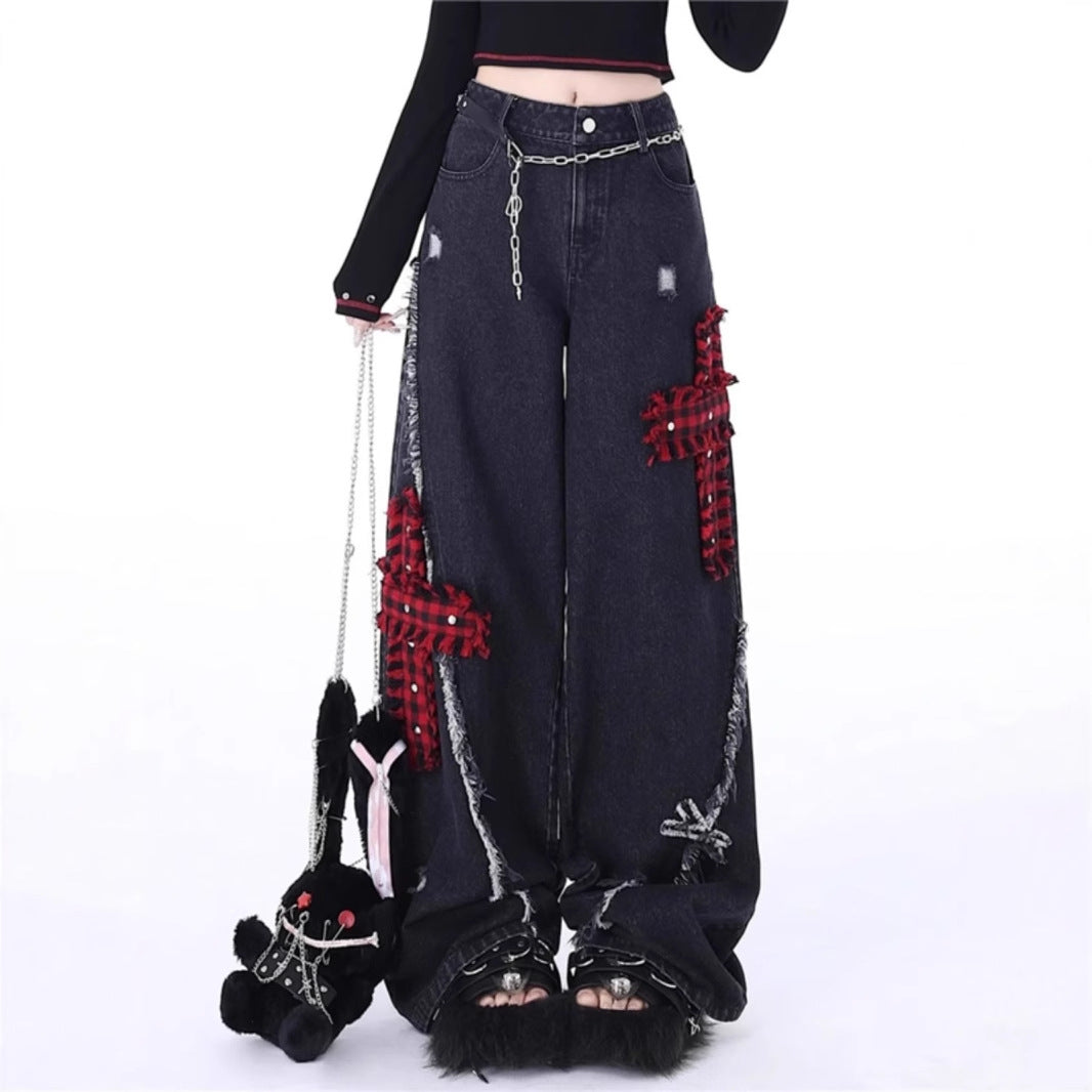 Plaid Jeans with Distressed Details and High Waist Design