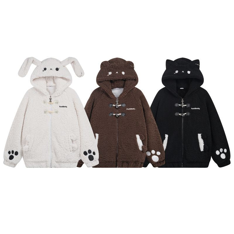 Cute Rabbit Hand Claw Big Ears Lamb Wool Coat with Zipper Detail