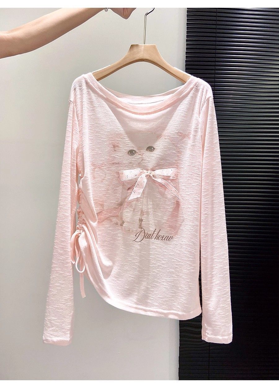 Cute Cat Print Long Sleeve Pullover Top for Fun Fashion Lovers