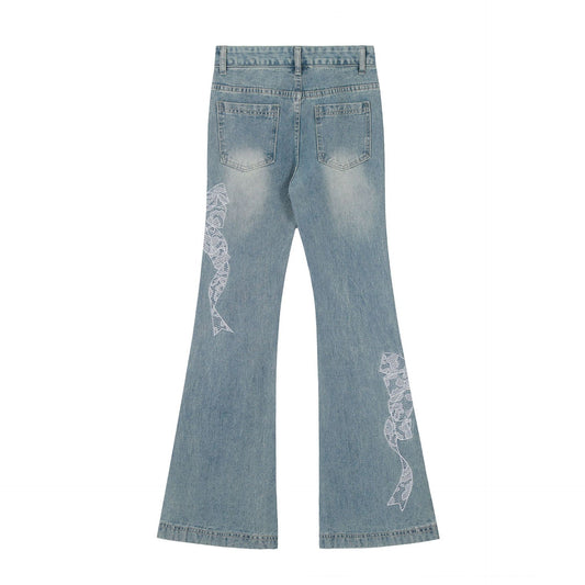 Butterfly Lace Stitching Design Jeans with Bootcut Style