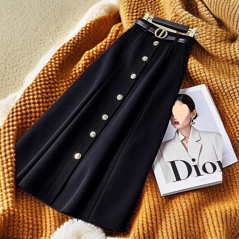 High Waist A-Line Black Skirt with Elegant Temperament Style