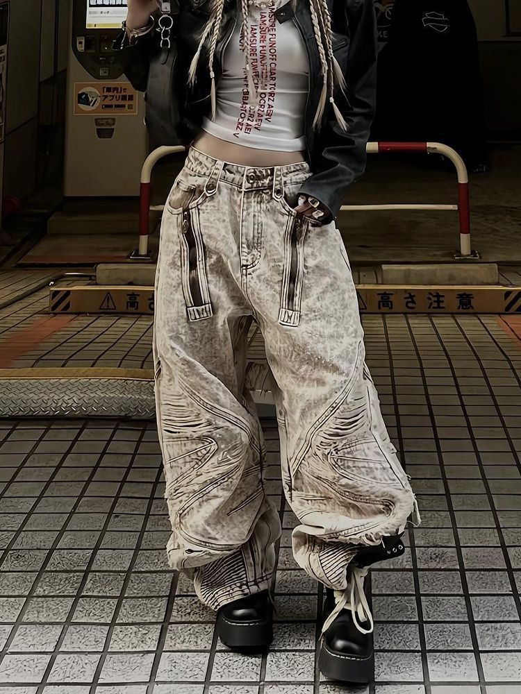 Loose Versatile American Floor Bending Knife Pants with High Waist