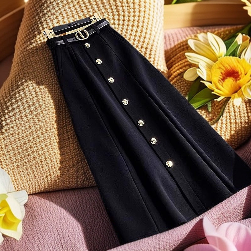 High Waist A-Line Black Skirt with Elegant Temperament Style