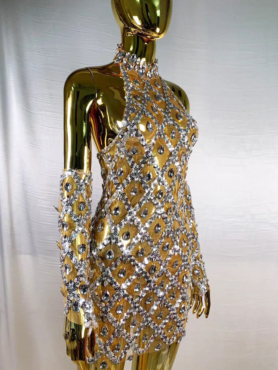 Rhinestone Plaid Sequined Gloves for a Stunning Evening Dress