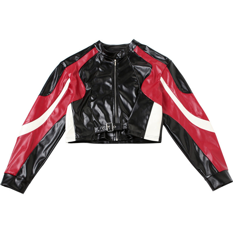 Motorcycle Slim Round Neck PU Leather Jacket with Color Matching Design
