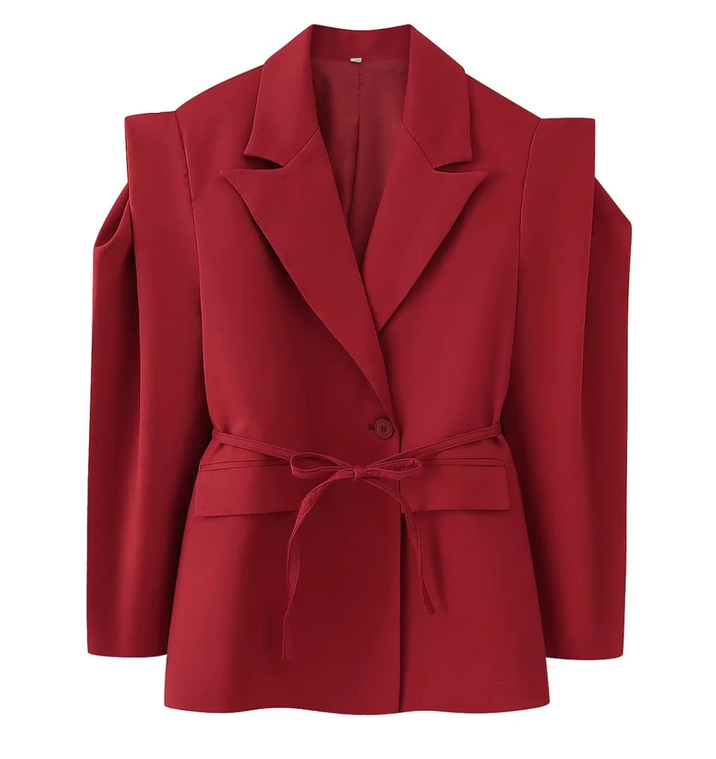 Padded Shoulder Blazer with Lace-up Waist Control for a Flattering Fit