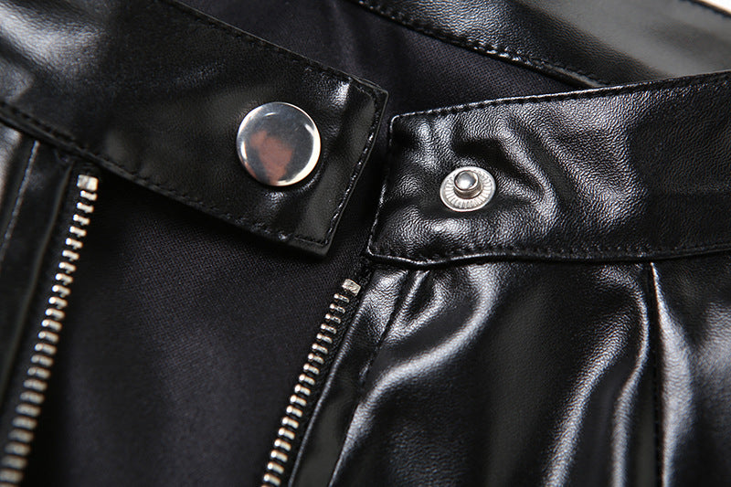 Motorcycle Slim Round Neck PU Leather Jacket with Color Matching Design