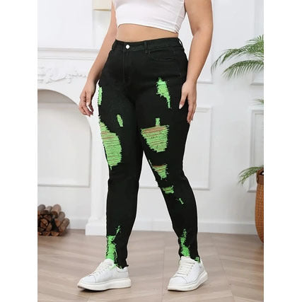 Denim Trousers with Ripped Contrast Colors for Street Fashion Style