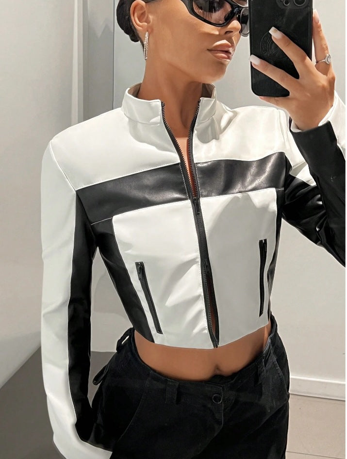 Black and White Contrast Color Leather Jacket with Zipper Closure
