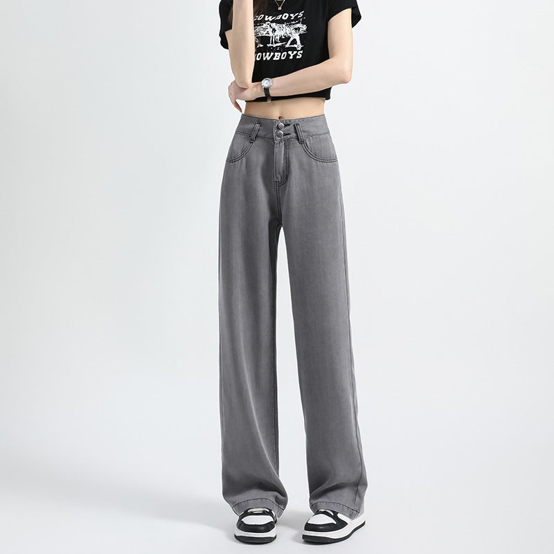 Lyocell Denim Wide-leg Pants with High Waist and Button Detail
