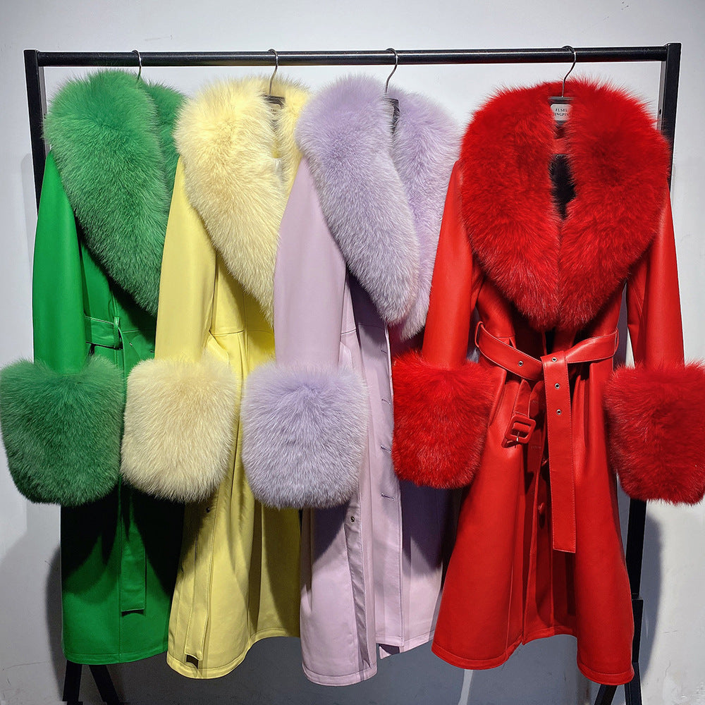 Slim-fit Leather Sheepskin Coat with Luxurious Fox Fur Lining