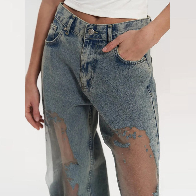 Retro Straight-leg Jeans with Unique Hollow Texture Design