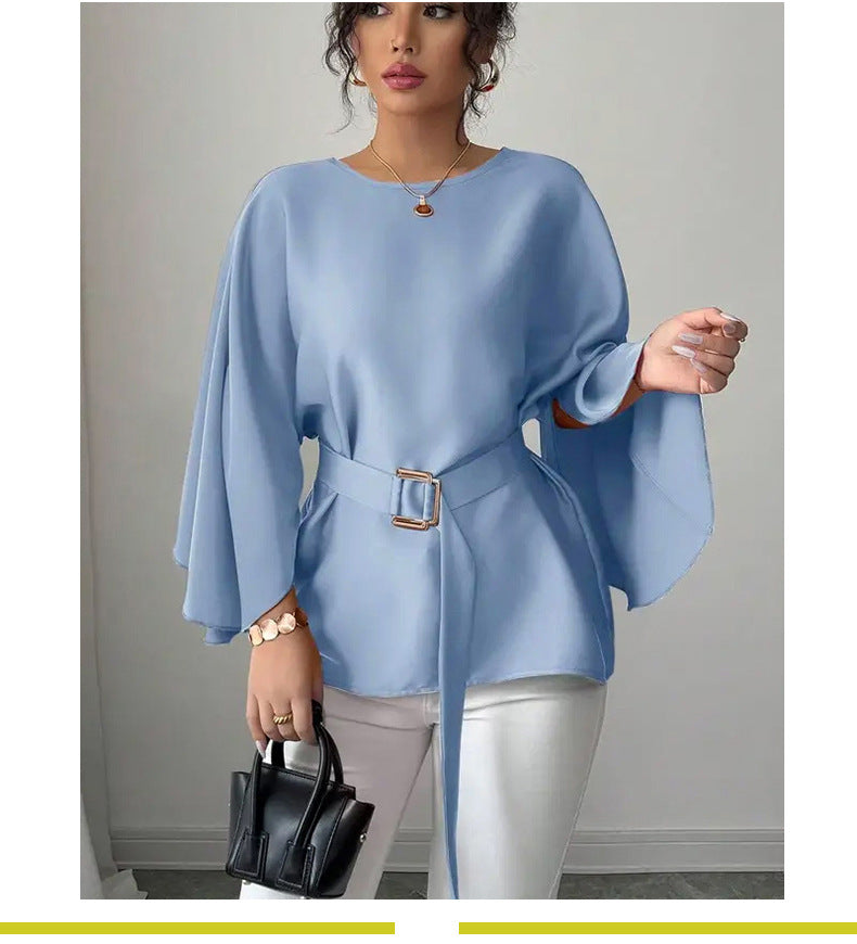 Solid Color Flared Half Sleeve Shirt with Bell Sleeve Design