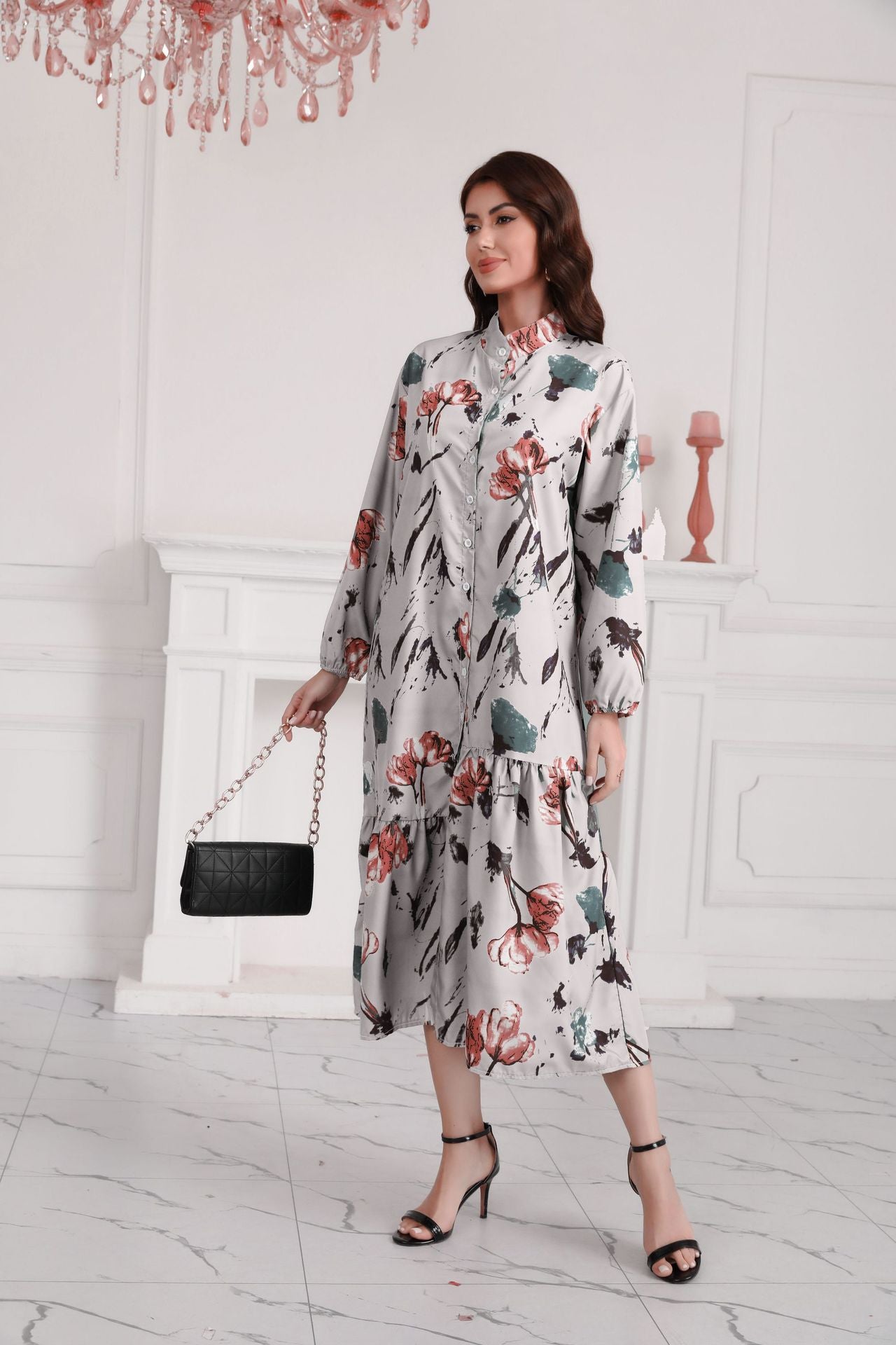 Floral Print Long Dress with Comfortable Cotton-Linen Blend Fabric