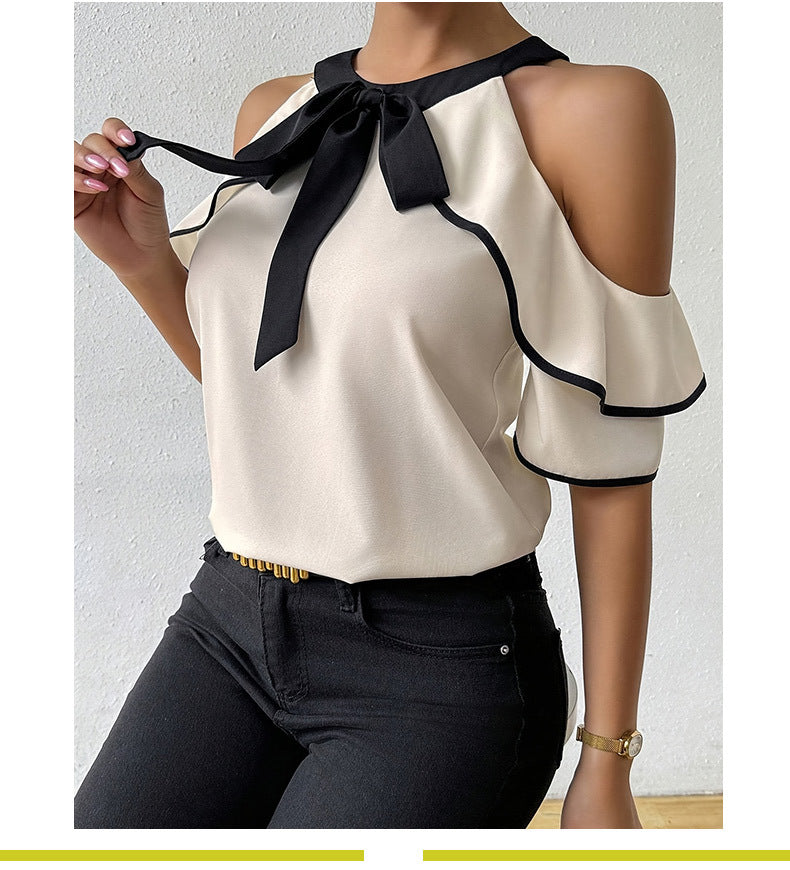 Short-sleeved Bow Collar Pullover Shirt with Stylish Design