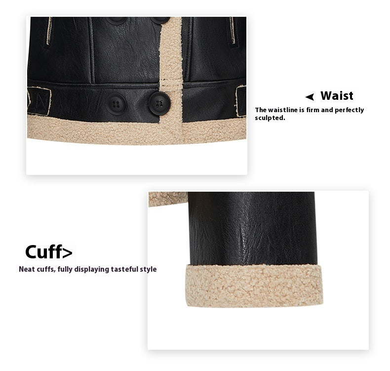 Fleece Padded Leather Coat with Fur Collar Alternative Styling