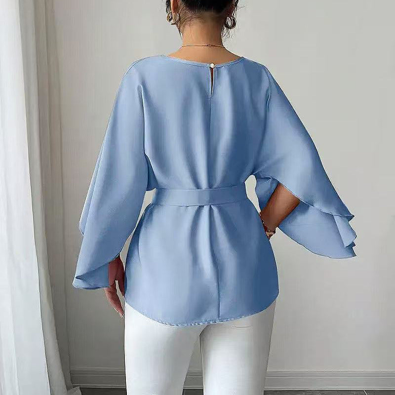 Solid Color Flared Half Sleeve Shirt with Bell Sleeve Design
