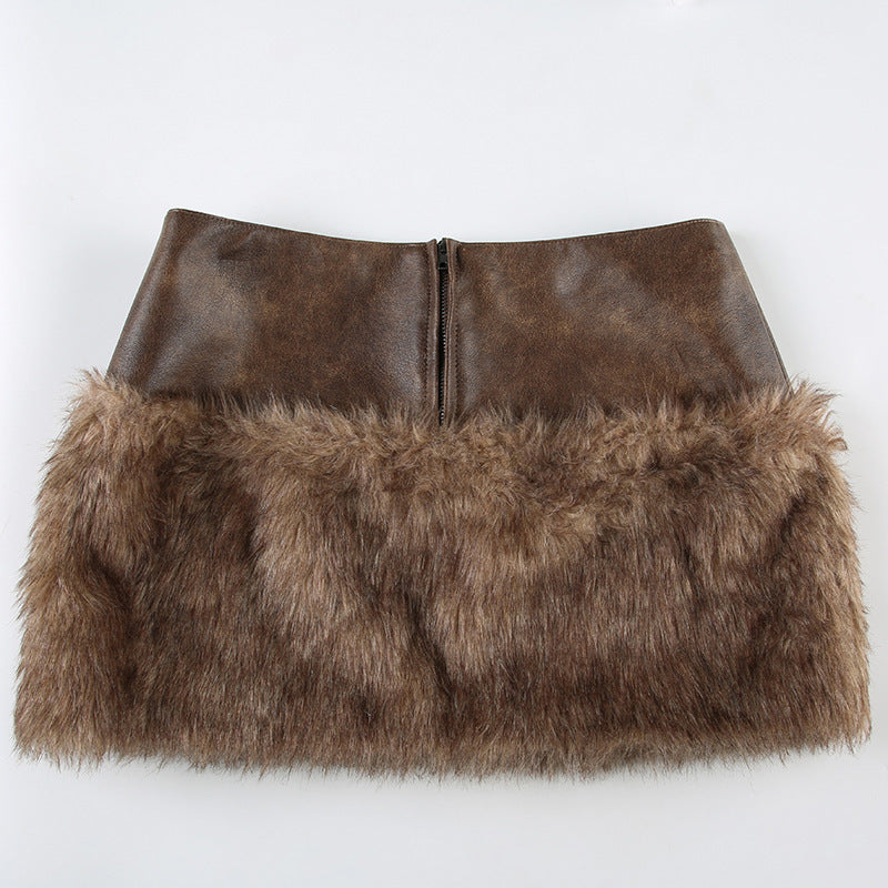 Retro Short Furry Skirt with Stylish Zipper Detail