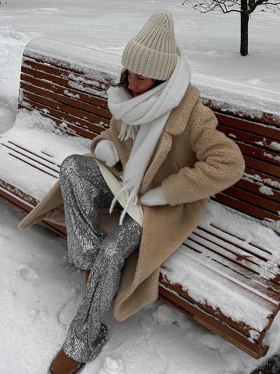 Polyester Long Button Cashmere Coat with Luxurious Fur Collar