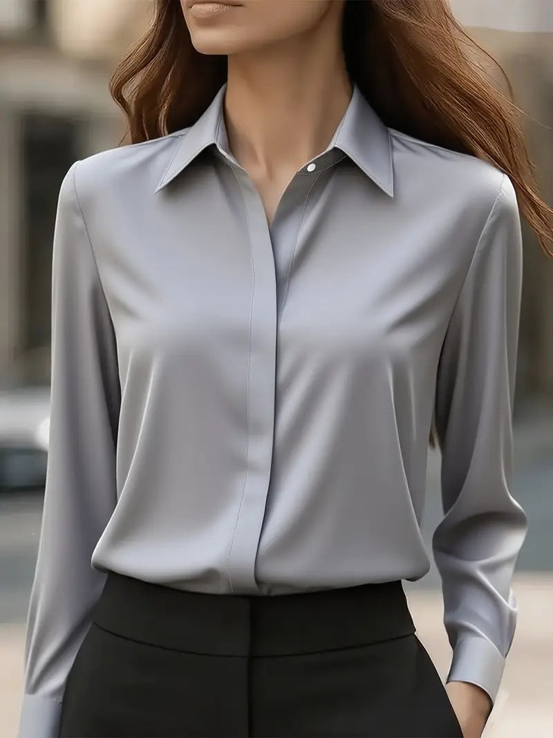 Satin Blouse with Long Sleeve Lapel Design for Effortless Elegance