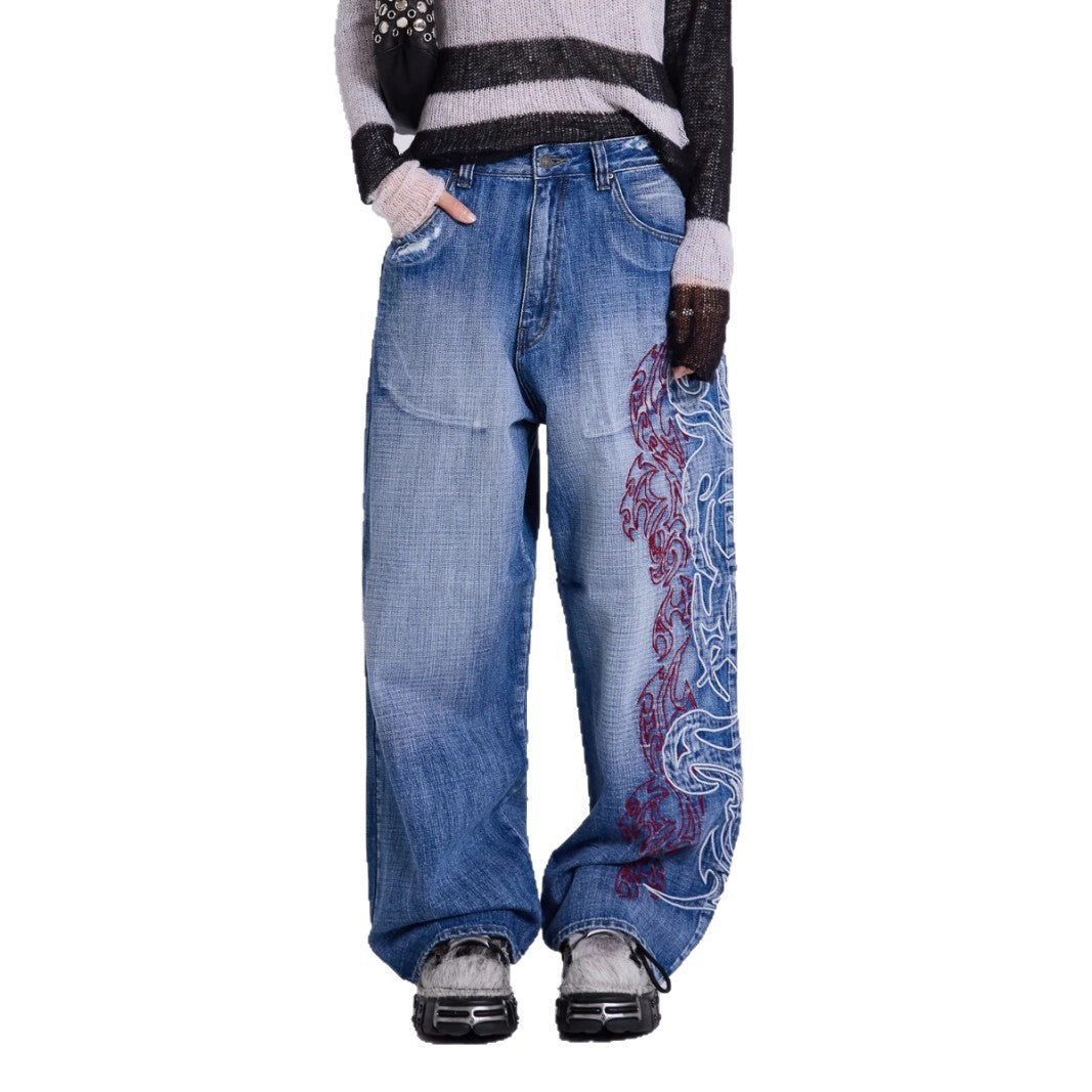 Wide Leg Jeans with Embroidery Detail for Trendy Street Fashion
