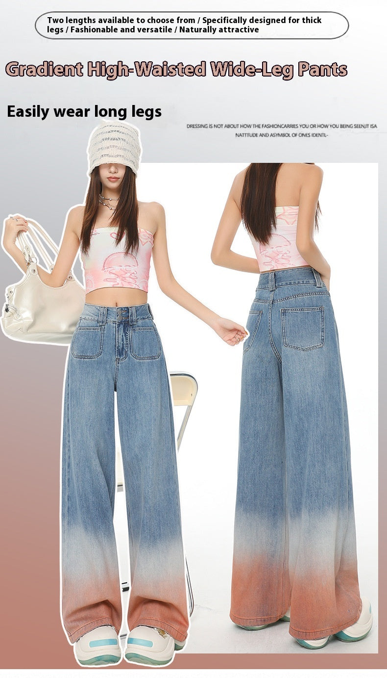 High Waist Wide Leg Jeans with Retro Blue Gradient Style