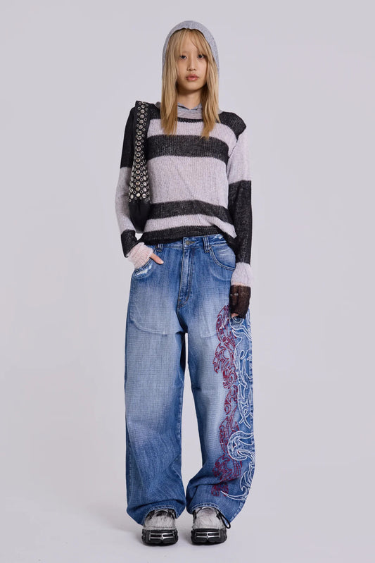 Wide Leg Jeans with Embroidery Detail for Trendy Street Fashion