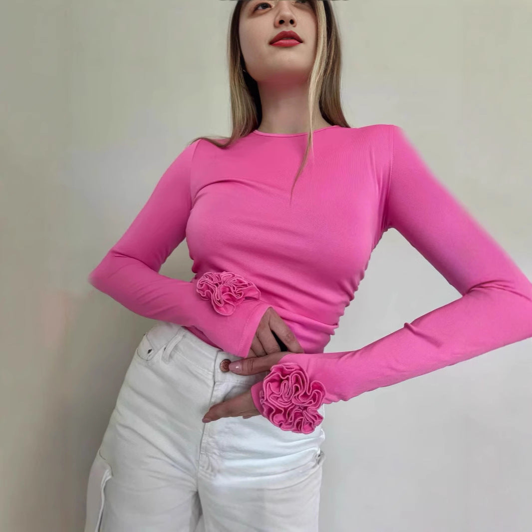 Floral Long Sleeve Slim-fit Tops with Charming 3D Design